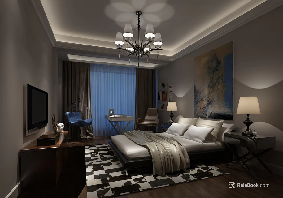 Modern Hotel Guest Room Interior With Chandelier TV Bed Desk Decorative Painting And Checkered Rug 3d model 