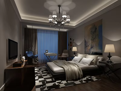 Modern Hotel Guest Room Interior With Chandelier TV Bed Desk Decorative Painting And Checkered Rug 3d model