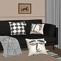 Stylish Black Leather Sofa Decor With Checkered Abstract Line And Face Pillows And Houndstooth Blanket