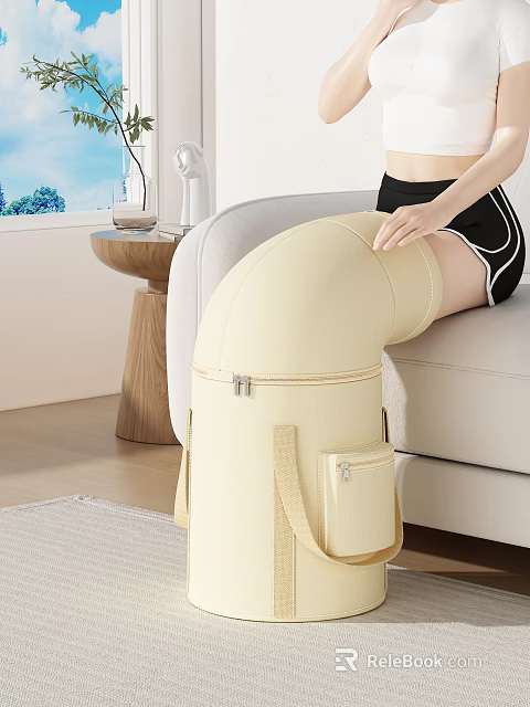 Woman Sitting On Sofa Using Beige Knee Support Device At Home 3d model