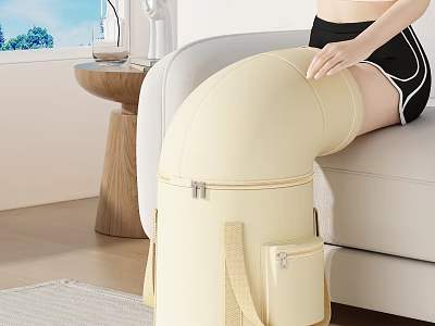 Woman Sitting On Sofa Using Beige Knee Support Device At Home 3d model