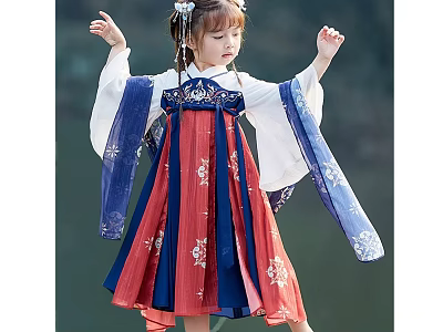 Young Girl Wearing Traditional Hanfu With Red Blue Dress White Sleeves Floral Patterns Hair Accessories 3d model