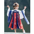 Young Girl Wearing Traditional Hanfu With Red Blue Dress White Sleeves Floral Patterns Hair Accessories