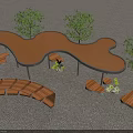 Modern Curved Pergola Design With Wooden Benches And Surrounding Trees On Pebble Pavement