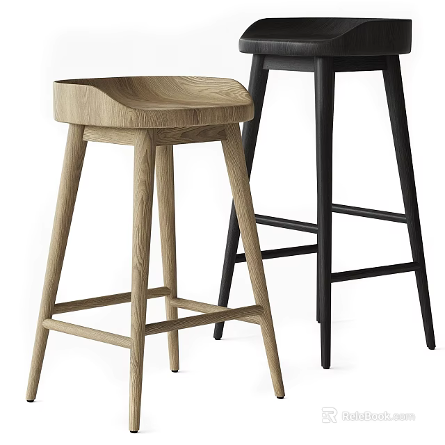 Modern Minimalist Bar Stools With Light Oak Seat And Black Metal Legs 3d model 