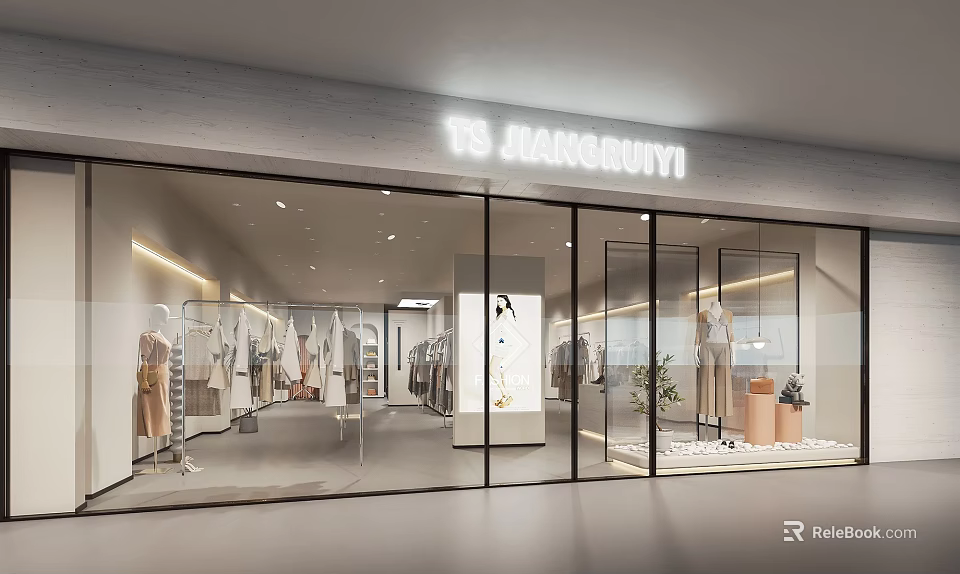 Fashion Clothing Store Glass Facade With Interior Displays Mannequins And Soft Lighting 3d model 