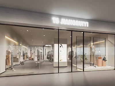 Fashion Clothing Store Glass Facade With Interior Displays Mannequins And Soft Lighting 3d model