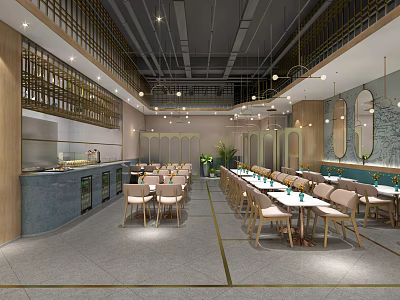 Modern Restaurant Interior With Neatly Arranged Tables Chairs Pendant Lights And Bar Counter 3d model