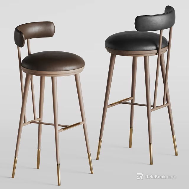 Modern Brown And Black Bar Stools With Leather Seats Backs And Metal Legs Gold Accents 3d model 