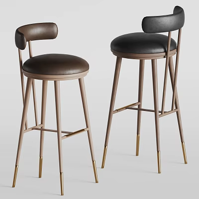 Modern Brown And Black Bar Stools With Leather Seats Backs And Metal Legs Gold Accents 3d model
