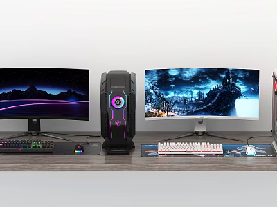 Gaming PC Setup With Curved Monitors RGB Case Mechanical Keyboard And Mouse Pad 3d model