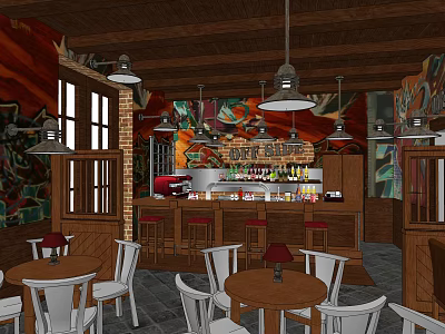 Café Interior with Wooden Ceiling Pendant Lights Mural Bar Counter and Tables Chairs 3d model