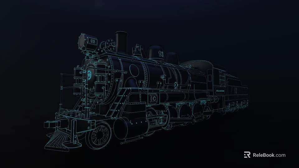 Vintage Steam Train Blue Line Drawing Technical Illustration on Dark Background 3d model 
