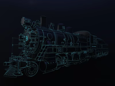 Vintage Steam Train Blue Line Drawing Technical Illustration on Dark Background 3d model
