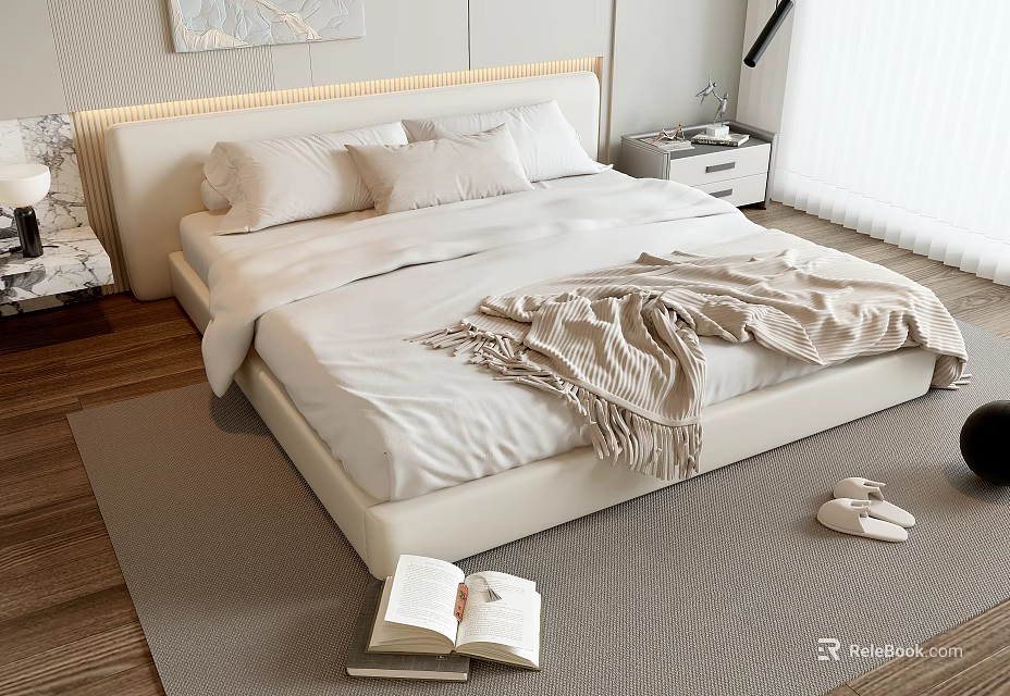 Modern White Double Bed With Upholstered Headboard Soft Pillows Blanket And Open Book On Rug 3d model 