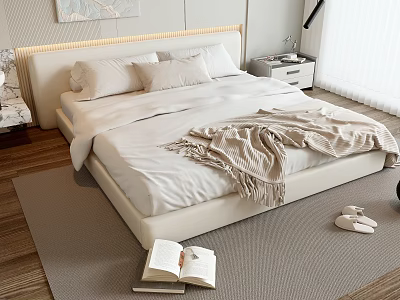 Modern White Double Bed With Upholstered Headboard Soft Pillows Blanket And Open Book On Rug 3d model