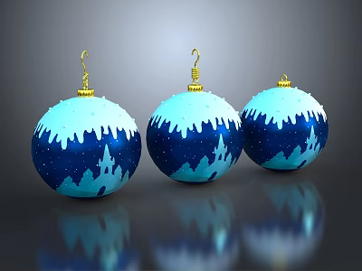 Three Piece Blue Snowy Castle Ornament Set With Gold Hooks And Shiny Reflective Surface 3d model