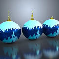 Three Piece Blue Snowy Castle Ornament Set With Gold Hooks And Shiny Reflective Surface