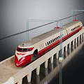 Modern Red And White High Speed Train Traveling On Elevated Track With Concrete Pillars