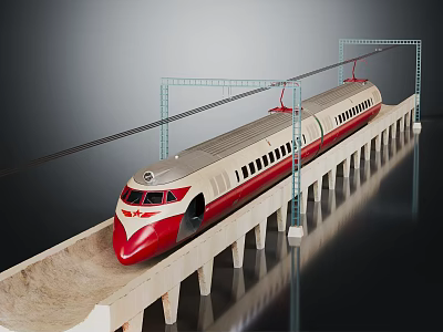 Modern Red And White High Speed Train Traveling On Elevated Track With Concrete Pillars 3d model