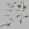Reptiles Featuring Dinosaurs And Pterosaurs In Various Standing Walking Flying Poses With Gray Yellow Shades