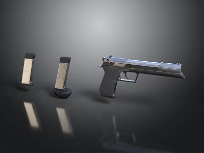Tactical Silver Handgun with Two Magazines on Dark Reflective Surface 3d model