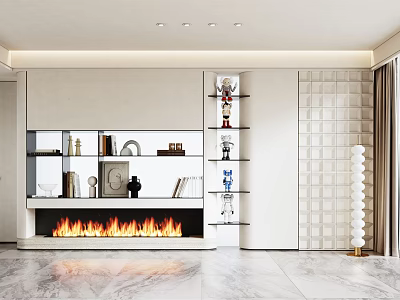 Modern Living Room Decorative Cabinet With Open Shelves Fireplace And Marble Floor 3d model