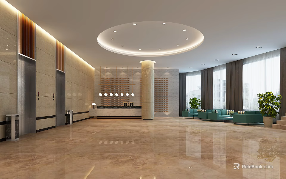 Front Desk Reception In Modern Lobby With Circular Ceiling Light Marble Floor And Green Sofas 3d model