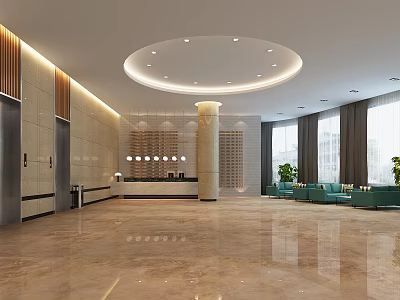 Front Desk Reception In Modern Lobby With Circular Ceiling Light Marble Floor And Green Sofas 3d model