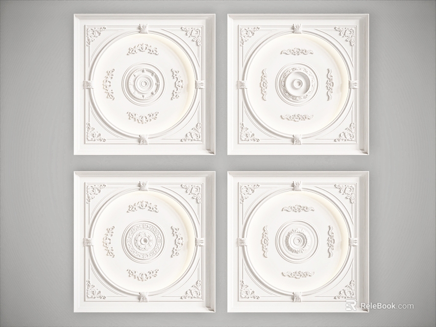 Decorative White Ceiling Tiles With Ornate Patterns 3d model 