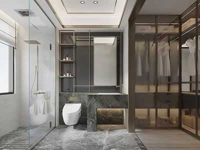 Modern Luxury Bathroom Featuring Smart Toilet Marble Vanity Glass Shower Niche Shelves And Attached Wardrobe 3d model