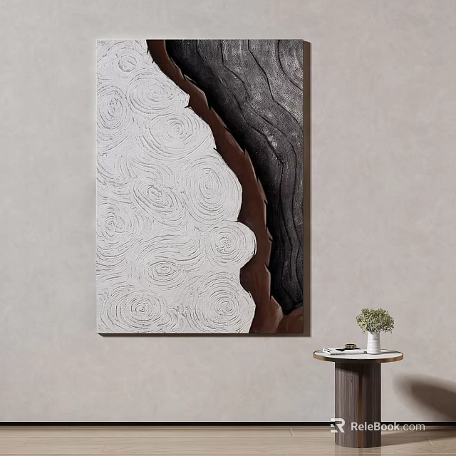 Abstract Textured Wall Painting With White Brown Black Tones And Wooden Table Plant 3d model 