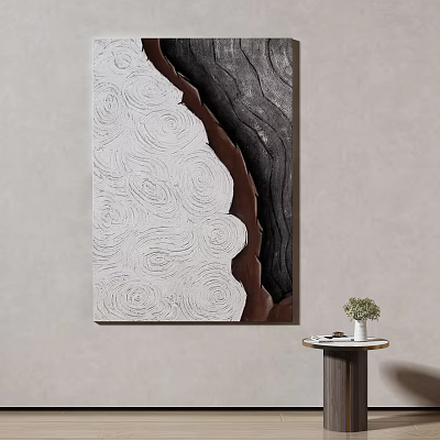 Abstract Textured Wall Painting With White Brown Black Tones And Wooden Table Plant 3d model