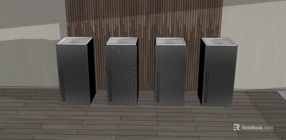 Public Facilities Four Black Striped Square Trash Bins With Wooden Wall And Floor 3d model 