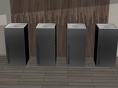 Public Facilities Four Black Striped Square Trash Bins With Wooden Wall And Floor 3d model