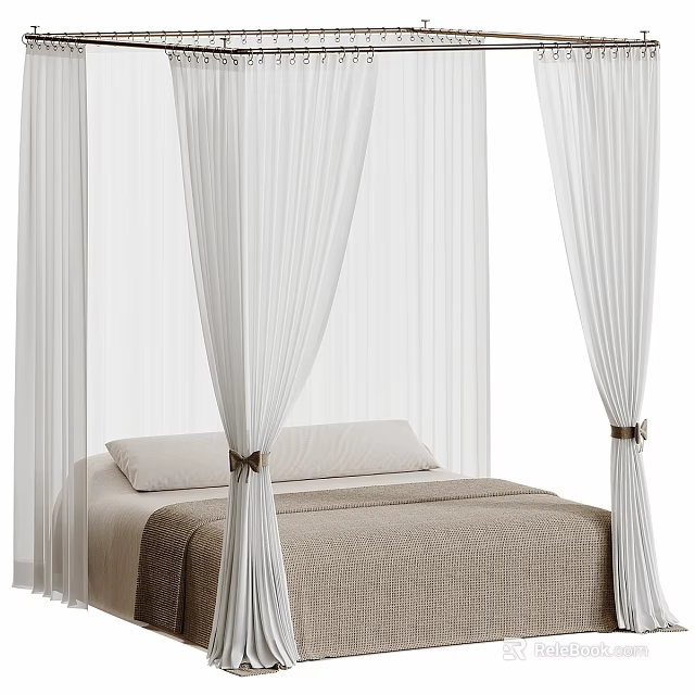 Luxurious Canopy Double Bed Interior With White Curtains Beige Bedspread And Decorative Ties 3d model 