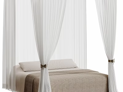 Luxurious Canopy Double Bed Interior With White Curtains Beige Bedspread And Decorative Ties 3d model