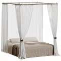 Luxurious Canopy Double Bed Interior With White Curtains Beige Bedspread And Decorative Ties