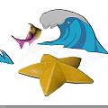 Colorful Ocean Themed Decor Elements With Blue Wave Yellow Starfish And Fish
