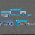 Construction Site Entrance Gate With Blue Architectural Structure And Security Booths 3d model