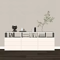 Minimalist White Entryway Cabinet Sideboard with Drawers Open Shelves and Decorative Plants Books