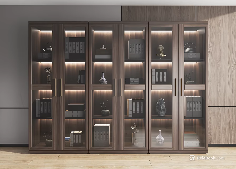 Modern Display Cabinet With Glass Doors Wooden Frame Shelves And Decorative Items 3d model 