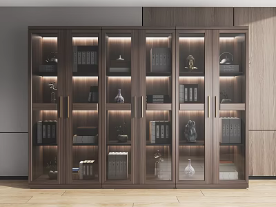 Modern Display Cabinet With Glass Doors Wooden Frame Shelves And Decorative Items 3d model