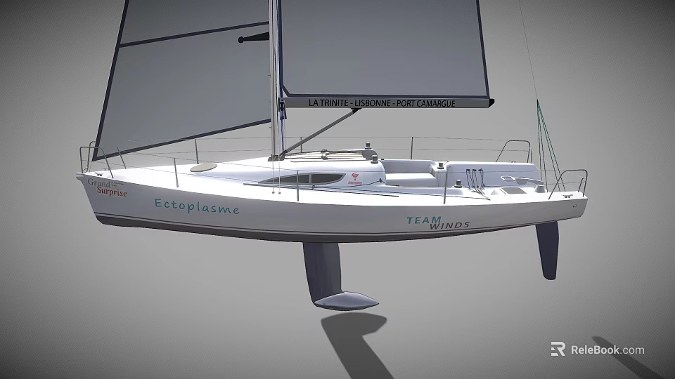 Eclipse Catamaran Sailboat With White Hull Black Sails YF 74005 Pontoons 3d model