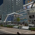 Modern Commercial Street With Tall Glass Buildings Shops Pedestrians Cars And Night Lights
