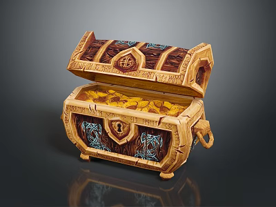 Open Vintage Decorative Treasure Chest With Gold Coins And Ornate Patterns 3d model