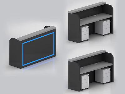 Modern Reception Desk Designs With Black Gray Finish Drawers And Display Screen 3d model