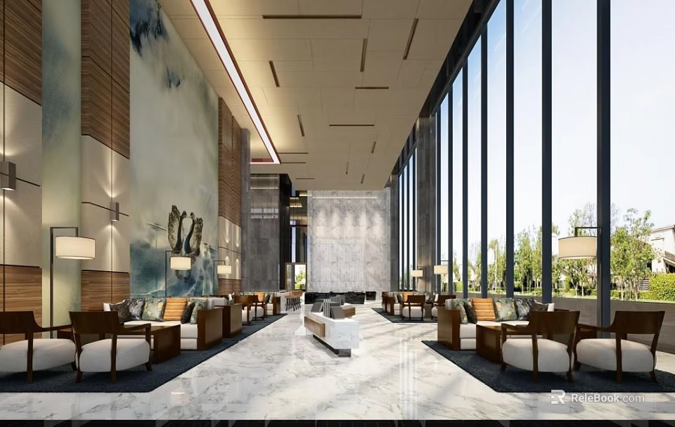Modern Hotel Public Lounge With Comfortable Seating Floor to Ceiling Windows And Elegant Decor 3d model
