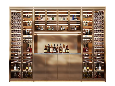 Gold Modern Wine Cabinet with Multiple Shelves Bar Counter and Various Wine Bottles 3d model