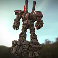 Mech Robot With Glowing Core Red Flag And Rocky Legs Stands By Coastal Bridge